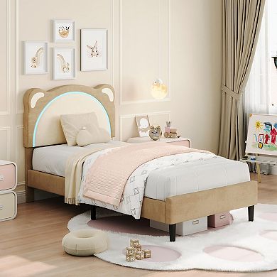 Upholstered Kid Bed Frame with LED Headboard,Platform Bed for Children,Adjustable Velvet Headboard
