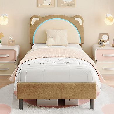 Upholstered Kid Bed Frame with LED Headboard,Platform Bed for Children,Adjustable Velvet Headboard