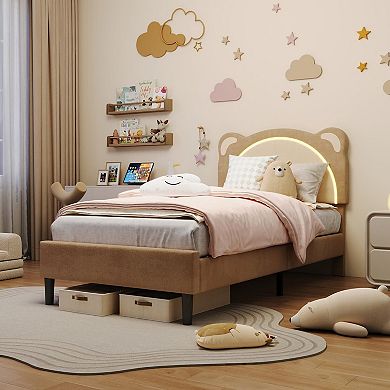 Upholstered Kid Bed Frame with LED Headboard,Platform Bed for Children,Adjustable Velvet Headboard