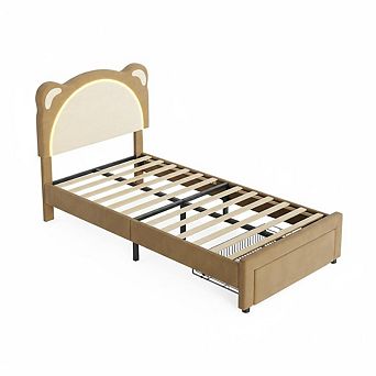 Upholstered Kid Bed Frame with LED Headboard,Platform Bed for Children,Adjustable Velvet Headboard