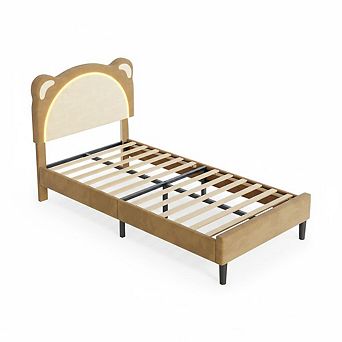 Upholstered Kid Bed Frame with LED Headboard,Platform Bed for Children,Adjustable Velvet Headboard