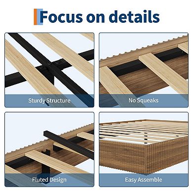 Bed Frame, Wood Platform Bed with Fluted Design, Low Profile BedFrame, Minimalist Bed Base
