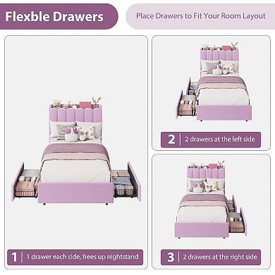 Bed Frame with LED Headboard and Storage Drawers, Platform Bed with Wavy Headboard and Bookcase