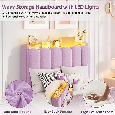 Bed Frame with LED Headboard and Storage Drawers, Platform Bed with Wavy Headboard and Bookcase