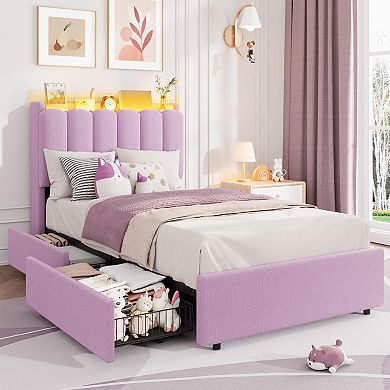 Bed Frame with LED Headboard and Storage Drawers, Platform Bed with Wavy Headboard and Bookcase