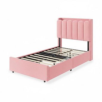 Bed Frame with LED Headboard and Storage Drawers, Platform Bed with Wavy Headboard and Bookcase