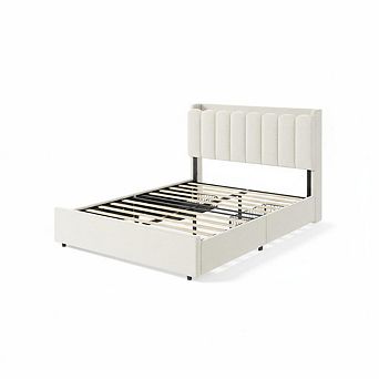 Bed Frame with LED Headboard and Storage Drawers, Platform Bed with Wavy Headboard and Bookcase