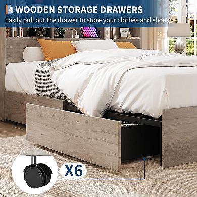 Bed Frame with High Storage Bookcase Headboard,with 4 Storage Drawers,Charging Station,Metal Frame