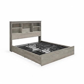 Bed Frame with High Storage Bookcase Headboard,with 4 Storage Drawers,Charging Station,Metal Frame