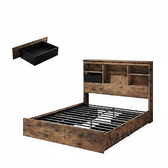 Bed Frame with High Storage Bookcase Headboard,with 4 Storage Drawers,Charging Station,Metal Frame