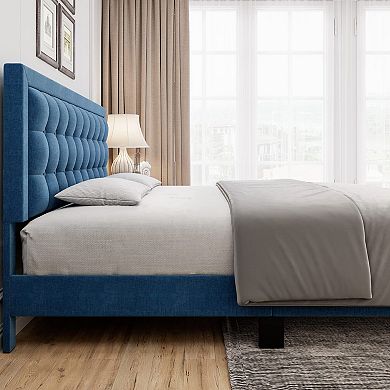 Bed Frame with Button Tufted Headboard, Upholstered Low Platform Bed Frame