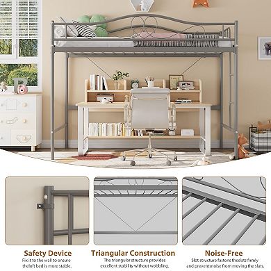 Space-Saving Metal Loft Bed Frame, Removable Ladder, Full-Length Safety Guardrail