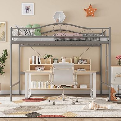 Space-Saving Metal Loft Bed Frame, Removable Ladder, Full-Length Safety Guardrail