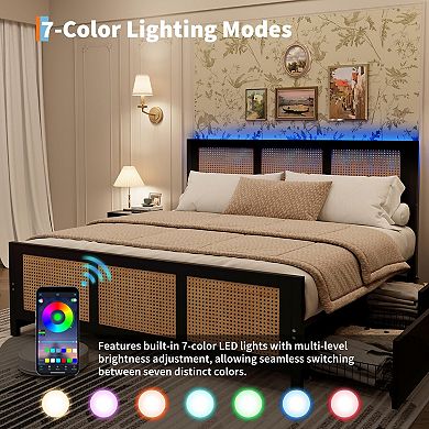 Rattan Bed Frame with Storage Drawers, Boho Led Bed Frame with LED Headboard