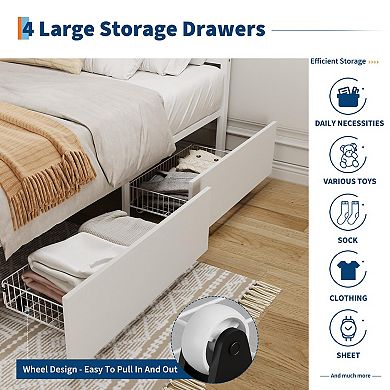 Rattan Bed Frame with Storage Drawers, Boho Led Bed Frame with LED Headboard