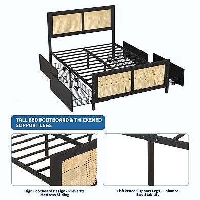 Rattan Bed Frame with Storage Drawers, Boho Led Bed Frame with LED Headboard