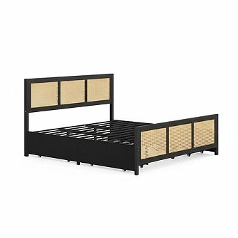 Rattan Bed Frame with Storage Drawers, Boho Led Bed Frame with LED Headboard