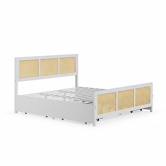 Rattan Bed Frame with Storage Drawers, Boho Led Bed Frame with LED Headboard
