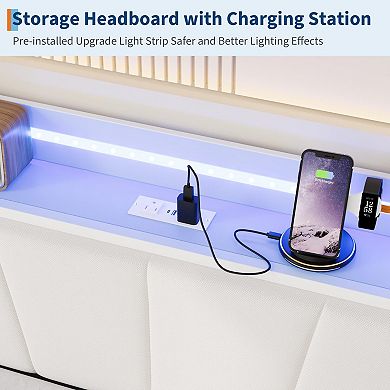 Daybed with Trundle,Charging Station and LED Light, Linen Upholstered Storage Headboard