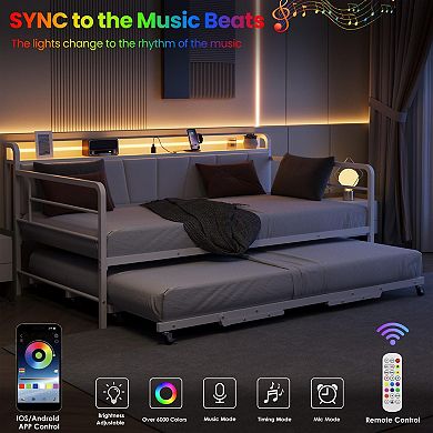 Daybed with Trundle,Charging Station and LED Light, Linen Upholstered Storage Headboard