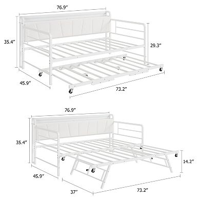 Daybed with Trundle,Charging Station and LED Light, Linen Upholstered Storage Headboard