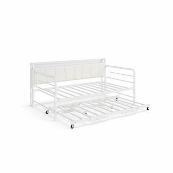 Daybed with Trundle,Charging Station and LED Light, Linen Upholstered Storage Headboard