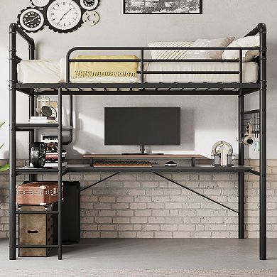 Loft Bunk Bed with L-Shaped Desk and Desk Underneath,Metal Bunk Beds with High Guardrail and Ladder