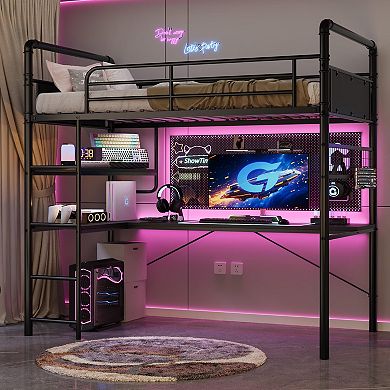 Loft Bunk Bed with L-Shaped Desk and Desk Underneath,Metal Bunk Beds with High Guardrail and Ladder