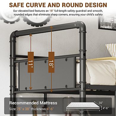 Loft Bunk Bed with L-Shaped Desk and Desk Underneath,Metal Bunk Beds with High Guardrail and Ladder