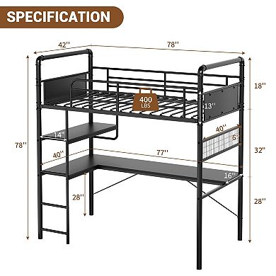 Loft Bunk Bed with L-Shaped Desk and Desk Underneath,Metal Bunk Beds with High Guardrail and Ladder