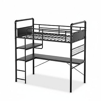 Loft Bunk Bed with L-Shaped Desk and Desk Underneath,Metal Bunk Beds with High Guardrail and Ladder