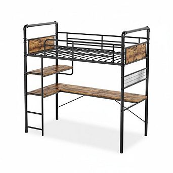 Loft Bunk Bed with L-Shaped Desk and Desk Underneath,Metal Bunk Beds with High Guardrail and Ladder