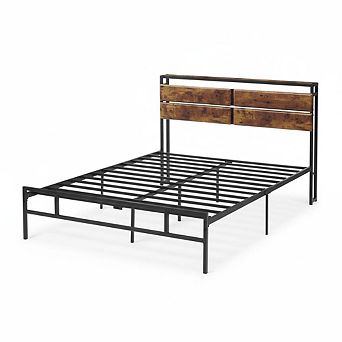 Metal Platform Bed Frame with Storage Bedside, Rustic Vintage Wood Headboard, Mattress Foundation