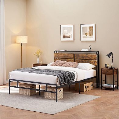 Metal Platform Bed Frame with Storage Bedside, Rustic Vintage Wood Headboard, Mattress Foundation