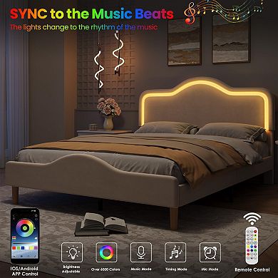 Upholstered LED Bed Frame with Adjustable Headboard and Footboard,Velvet Platform Bedframe for Kids