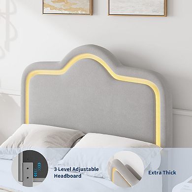 Upholstered LED Bed Frame with Adjustable Headboard and Footboard,Velvet Platform Bedframe for Kids