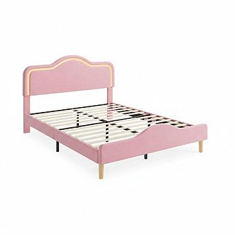 Upholstered LED Bed Frame with Adjustable Headboard and Footboard,Velvet Platform Bedframe for Kids
