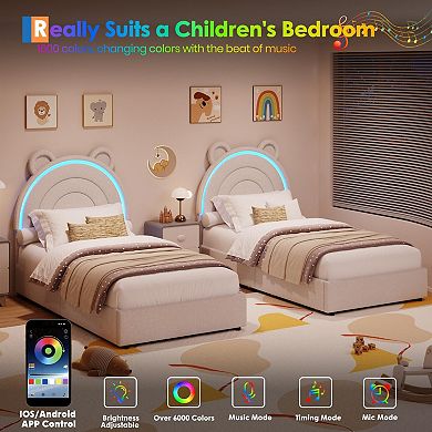 Upholstered Bed Frame for Kids,Velvet Platform with Storage Drawers, Rainbow Headboard, LED Lights