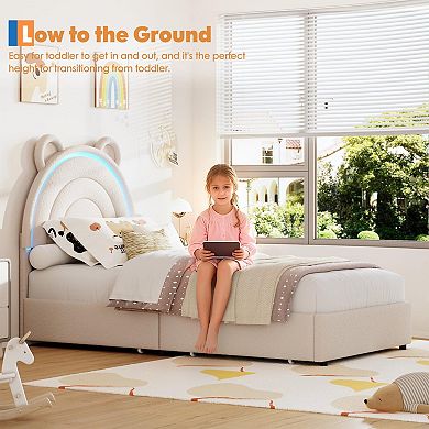 Upholstered Bed Frame for Kids,Velvet Platform with Storage Drawers, Rainbow Headboard, LED Lights