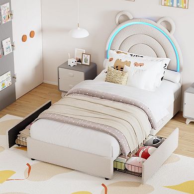 Upholstered Bed Frame for Kids,Velvet Platform with Storage Drawers, Rainbow Headboard, LED Lights