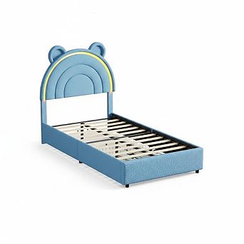 Upholstered Bed Frame for Kids,Velvet Platform with Storage Drawers, Rainbow Headboard, LED Lights