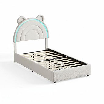 Upholstered Bed Frame for Kids,Velvet Platform with Storage Drawers, Rainbow Headboard, LED Lights