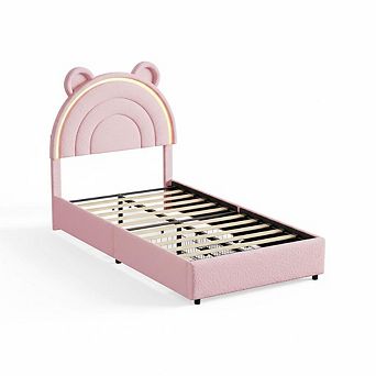 Upholstered Bed Frame for Kids,Velvet Platform with Storage Drawers, Rainbow Headboard, LED Lights