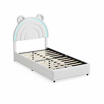 Upholstered Bed Frame for Kids,Velvet Platform with Storage Drawers, Rainbow Headboard, LED Lights