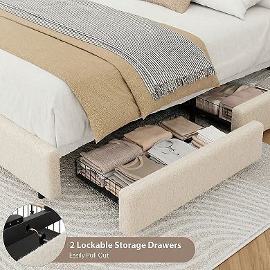 Teddy Fleece Thick Fabric Upholstered Platform Bed with 3 Storage Drawer,Modern Cloud Bed Frame