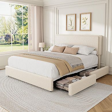 Teddy Fleece Thick Fabric Upholstered Platform Bed with 3 Storage Drawer,Modern Cloud Bed Frame