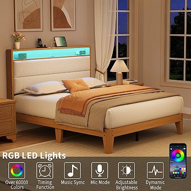 Boucle Bed Frame with Charging Ports and LED Lights, Boucle Bed Frame with Storage Headboard