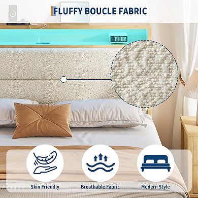 Boucle Bed Frame with Charging Ports and LED Lights, Boucle Bed Frame with Storage Headboard