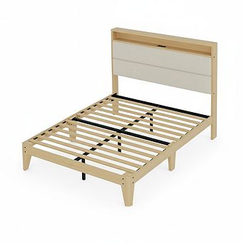 Boucle Bed Frame with Charging Ports and LED Lights, Boucle Bed Frame with Storage Headboard