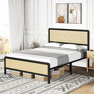 Rattan Bed Frame with Natural Rattan Headboard, Cane Boho Platform Bed Frame,Natural Bed Frame